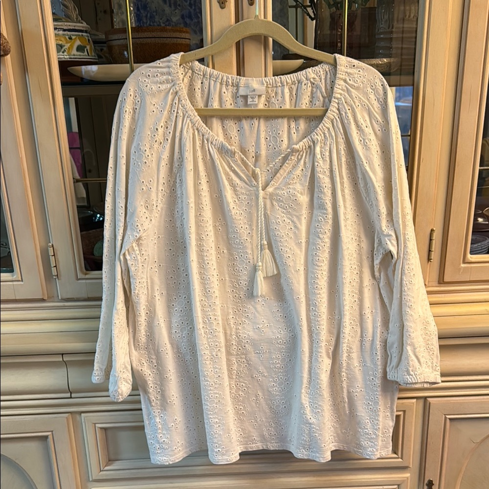 J. Jill Cream Eyelet Peasant Top with Tassel Tie
